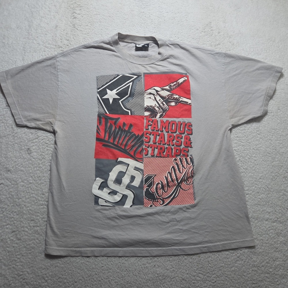 Vintage Famous Stars and Straps T-Shirt 2XL Gray Red Metal Logo Skater Y2K Faded